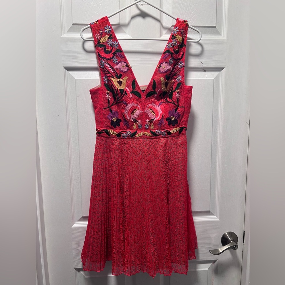 French Connection Red Floral Embroidered V-Neck Dress